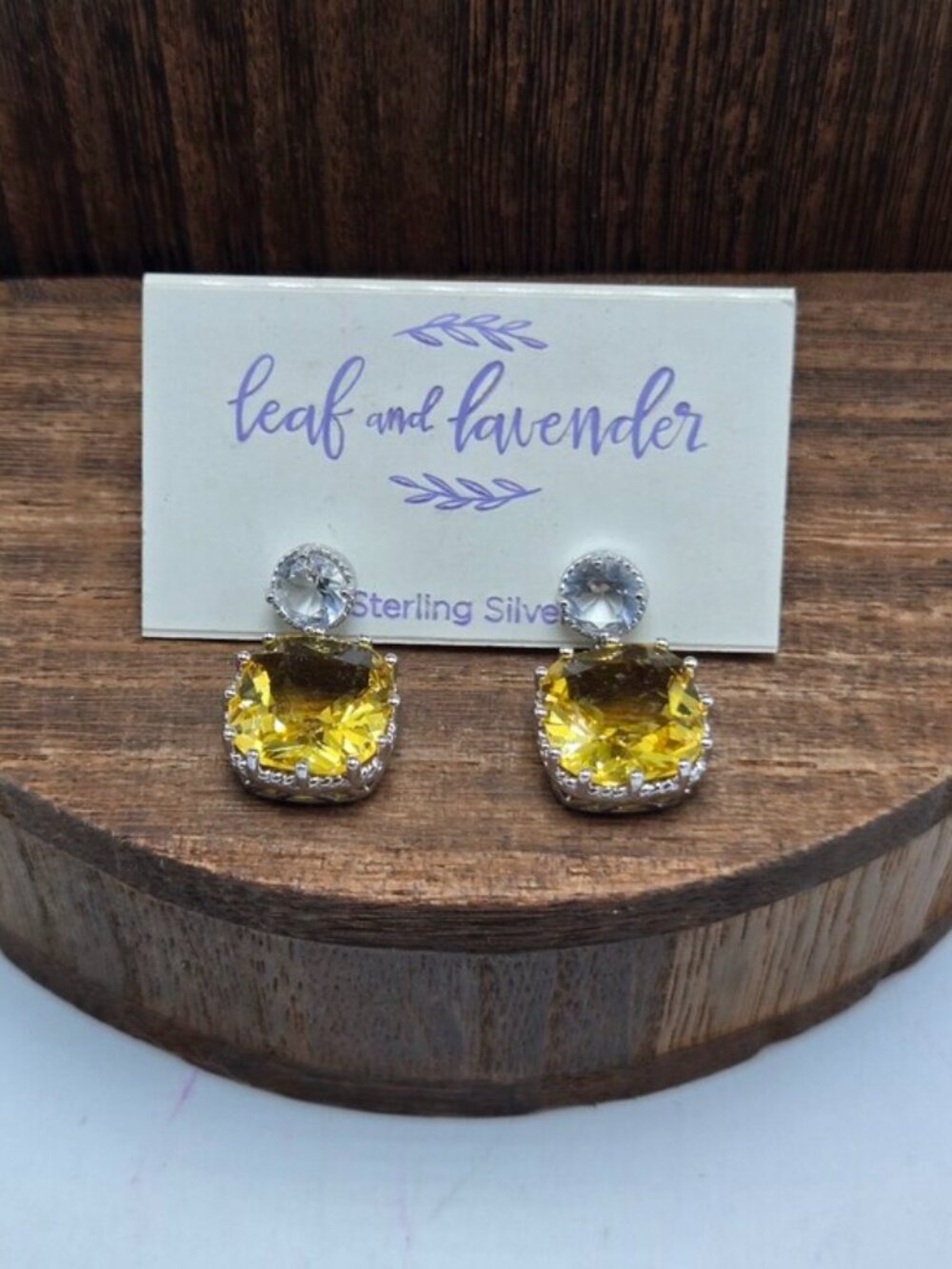 NWT Leaf and Lavender Sterling Silver Earrings Pierced Cushion-Cut Yellow CZ